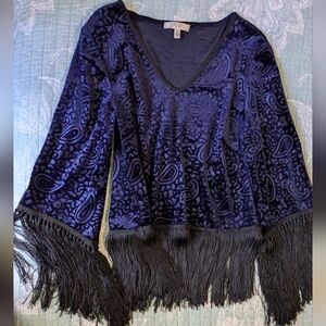 Spense Dark Blue Velvet Paisley Fringe Blouse. Size 8.